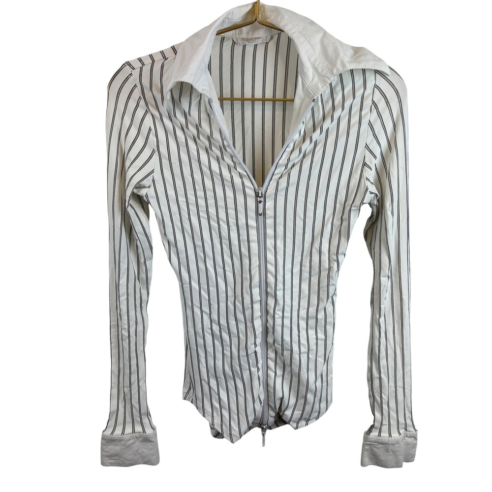 Rayure Paris Womens Pinstripe Zip Up Long Sleeve Top White Black France Sz S?